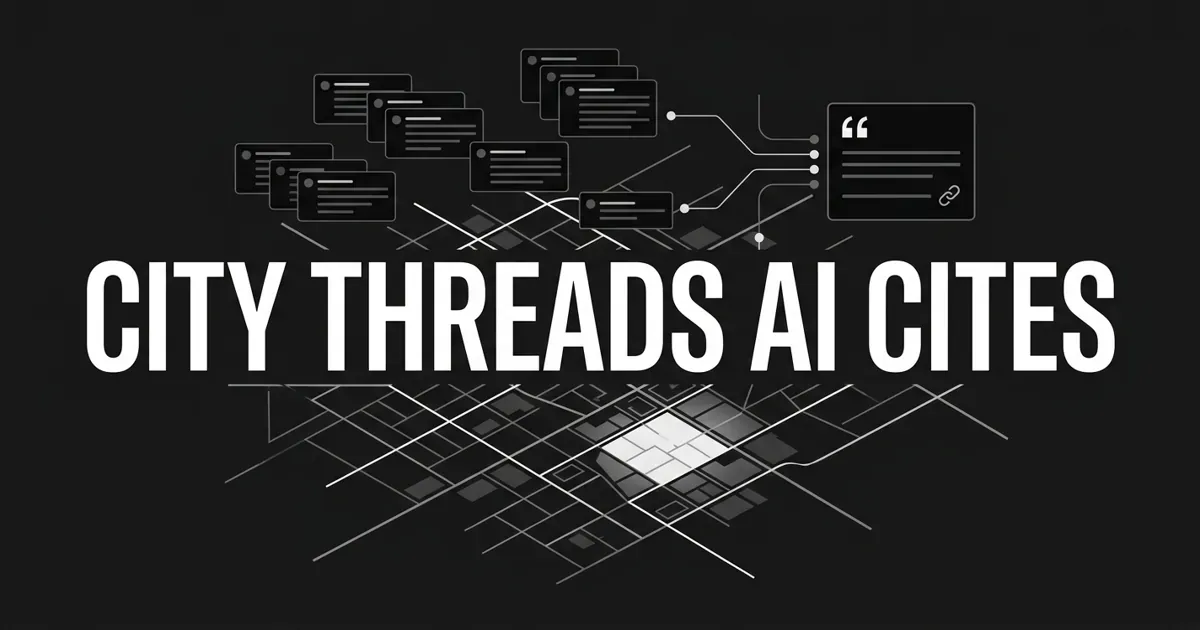 Monochrome illustration of stacked Reddit-style thread cards connected by lines to an AI answer panel with a citation link icon, above a city street grid with one neighborhood block lit up, under the centered white cover line City Threads AI Cites.