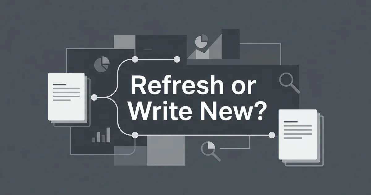 Flat monochrome illustration of a document page branching into two paths toward an updated page or a separate new page, with the cover line Refresh or Write New?