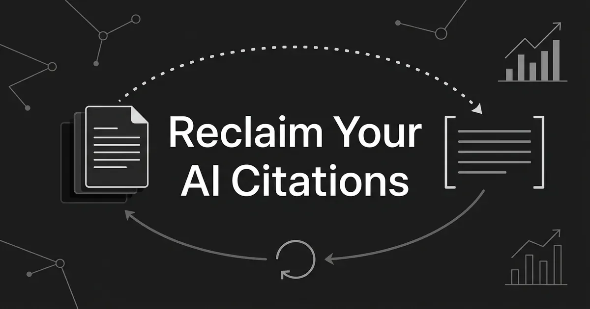 A monochrome illustration where a stack of document pages connects by a dotted path to a bracketed answer panel and a circular arrow loops back to the documents, under the centered line Reclaim Your AI Citations.