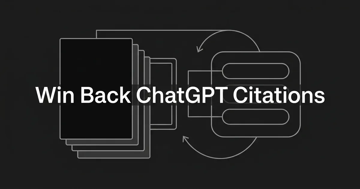 A monochrome line illustration where a stack of page cards connects to a rounded answer panel holding two blank source chips, with curved arrows looping back from the panel to the pages, beneath the centered line Win Back ChatGPT Citations.