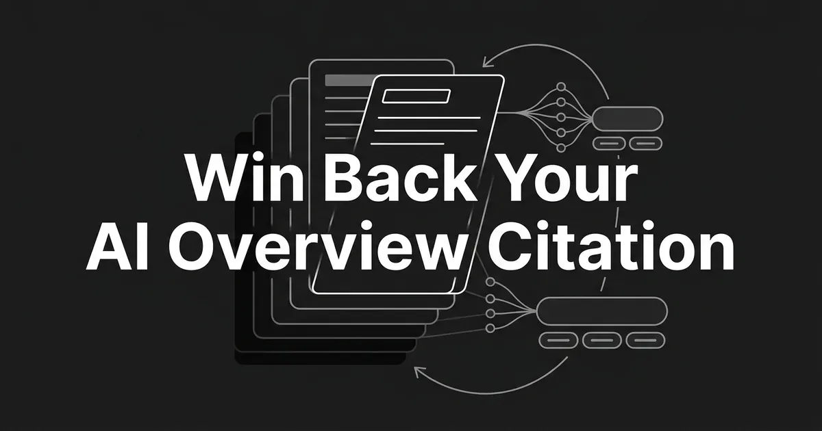 A monochrome illustration of a stack of pages with one lifted and redrawn, linked to an AI answer panel with source chips and a circular arrow looping back, under the cover line Win Back Your AI Overview Citation.