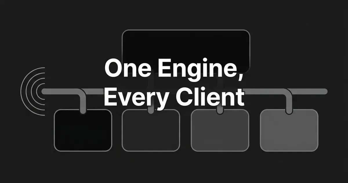 A monochrome abstract diagram of a single horizontal spine feeding four identical unlabelled cards, under the white cover line One Engine, Every Client.