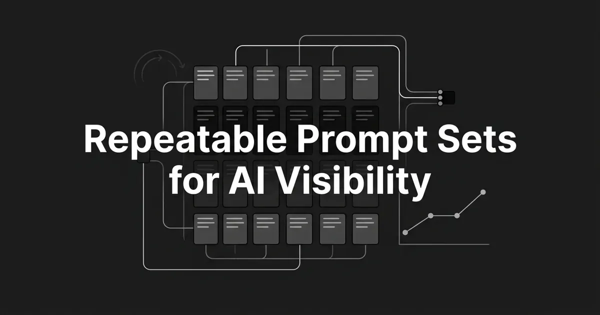Monochrome cover showing a grid of prompt cards linked by thin lines to AI answer-engine nodes and a rising trend-line chart, with the centered white cover line Repeatable Prompt Sets for AI Visibility.