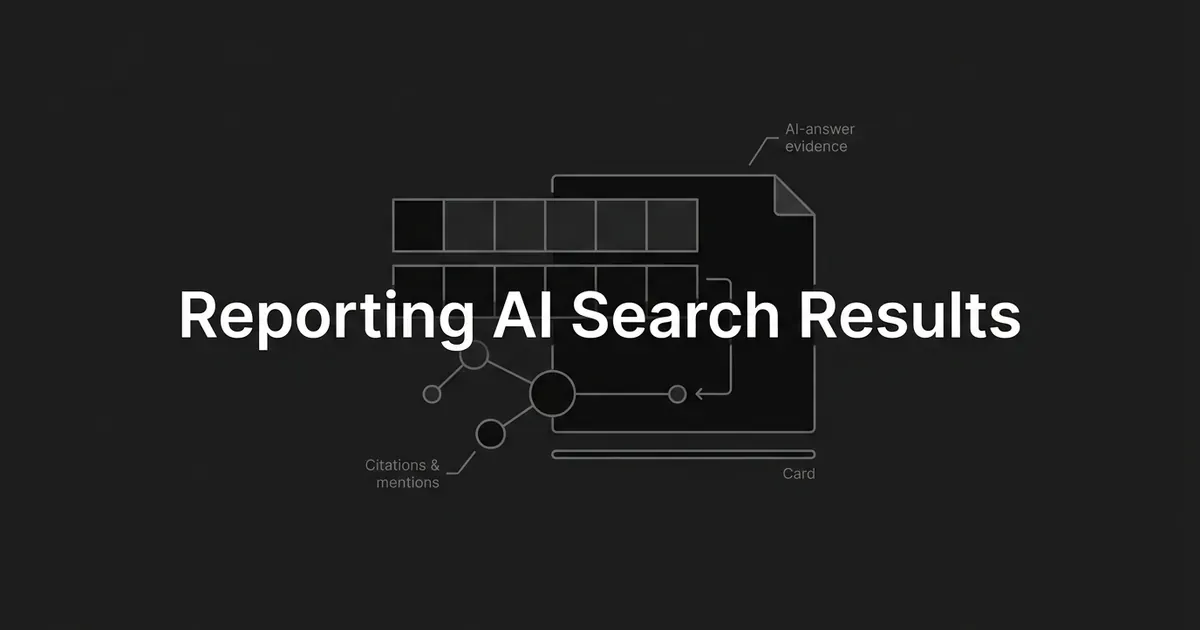 Abstract monochrome illustration of a report card and connected data nodes labeled citations and mentions, with the text Reporting AI Search Results centered on a charcoal background.