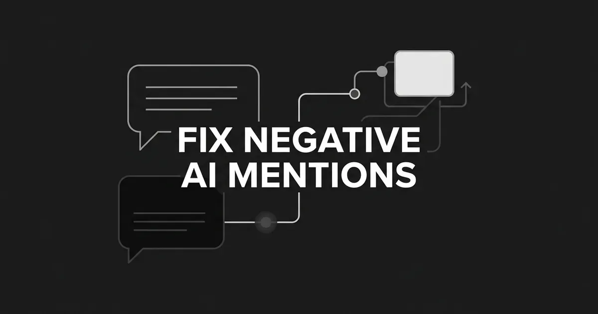 An abstract monochrome illustration of chat bubble icons connected by lines to a bright card, with the text Fix Negative AI Mentions, representing tracing a negative AI answer back to its source and replacing it with better evidence.