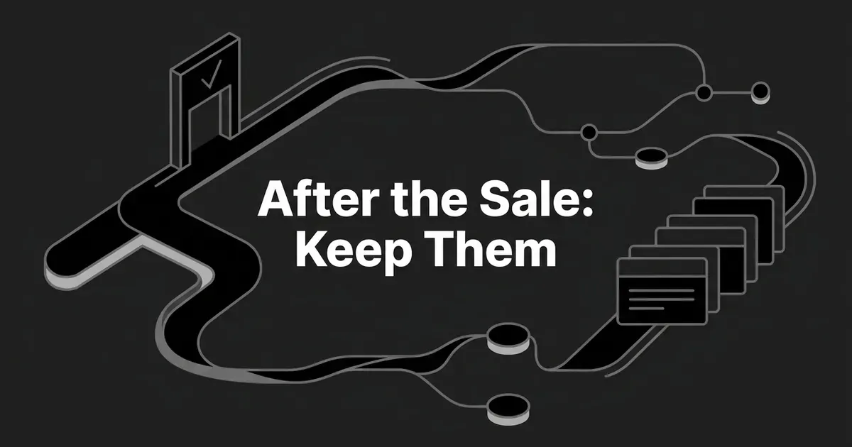 An abstract monochrome illustration of a path continuing past a checkmarked gate and branching into connected nodes and layered cards, with the cover line After the Sale: Keep Them.