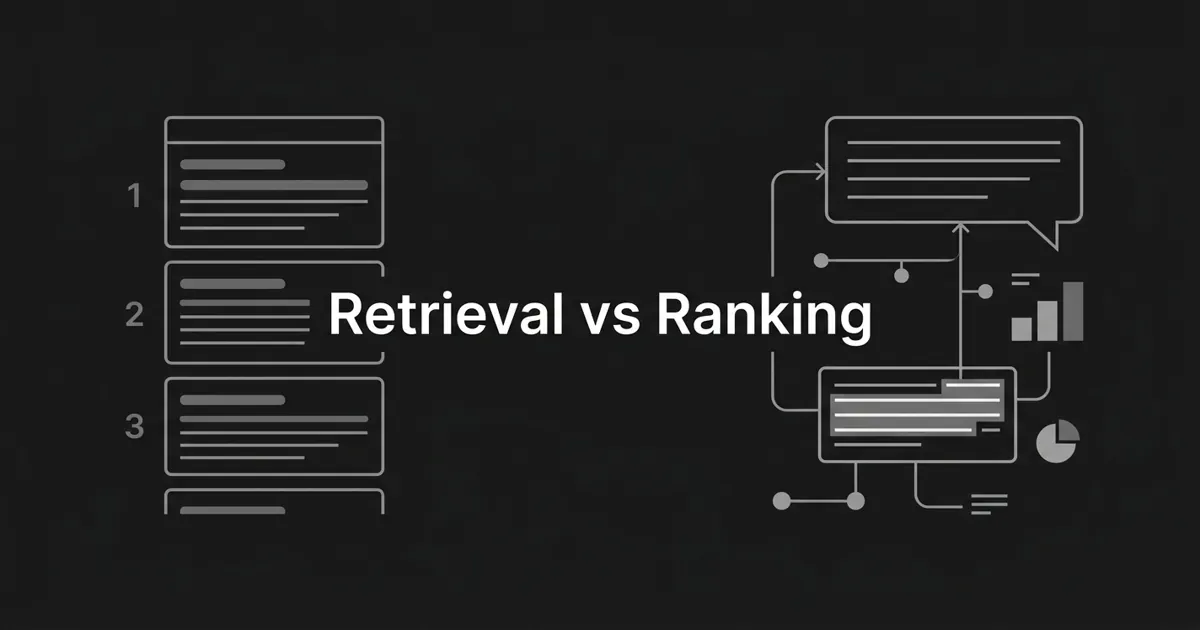 Monochrome abstract diagram contrasting a numbered stack of ranked result cards with a single highlighted passage pulled by connection lines into an AI answer bubble, under the centered white cover line Retrieval vs Ranking.