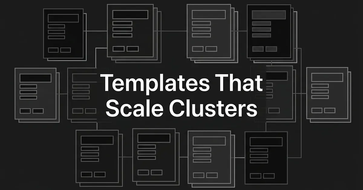 A grid of connected page cards on a charcoal background, each carrying the same skeleton of heading and text bars, behind the centred cover line Templates That Scale Clusters.