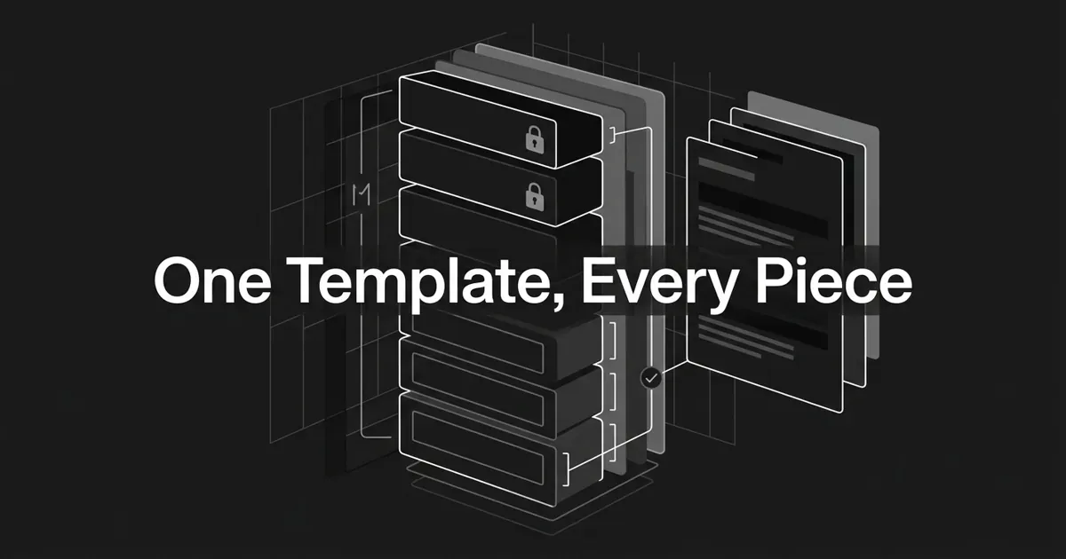 Monochrome geometric illustration of a modular prompt template with a locked instruction core above empty variable slots, feeding three identically shaped output cards, under the cover line One Template, Every Piece.