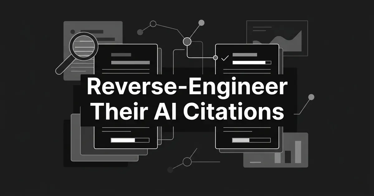 Monochrome geometric illustration of two page cards connected to a central AI answer node with score bars and a magnifying lens, under the centered white cover line Reverse-Engineer Their AI Citations.