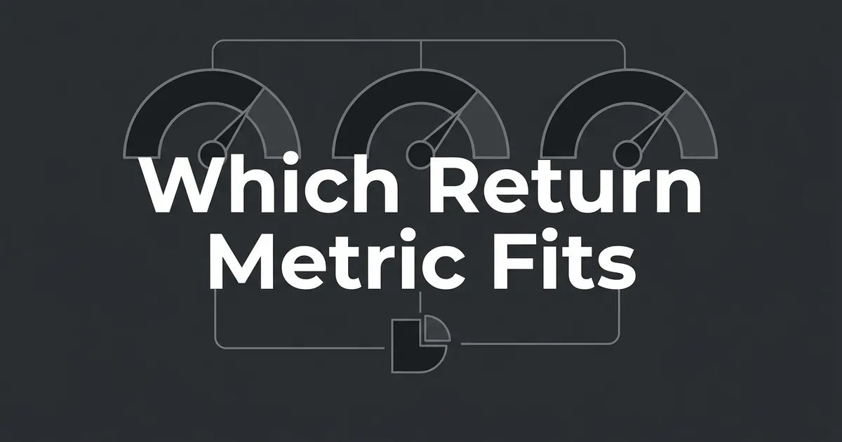 Three gauge dials joined by thin lines to a small chart fragment, with the cover line 'Which Return Metric Fits' across the middle on a charcoal background.
