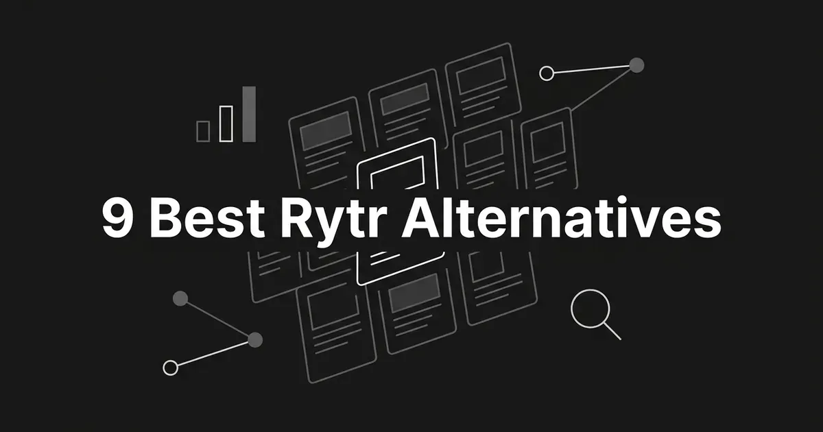A monochrome illustration of nine abstract content cards arranged in a grid, with one outlined in white as the chosen option, beside the cover line 9 Best Rytr Alternatives.