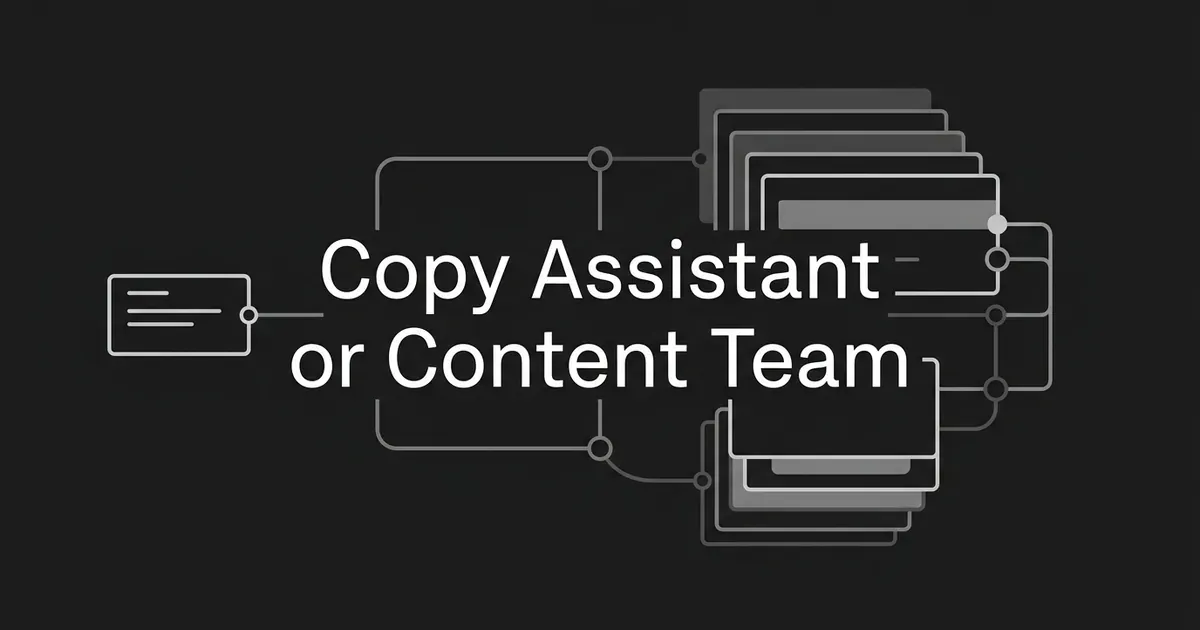 A charcoal cover with the line Copy Assistant or Content Team, between a single small text card on the left and a larger stack of layered cards joined by nodes and connector lines on the right.