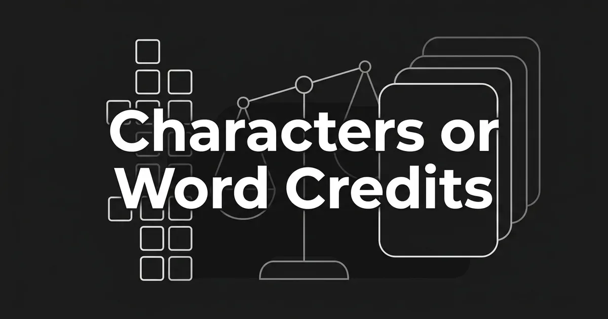 A charcoal cover with white linework showing a column of small square tiles and a stack of larger cards balanced on a scale, under the words Characters or Word Credits.