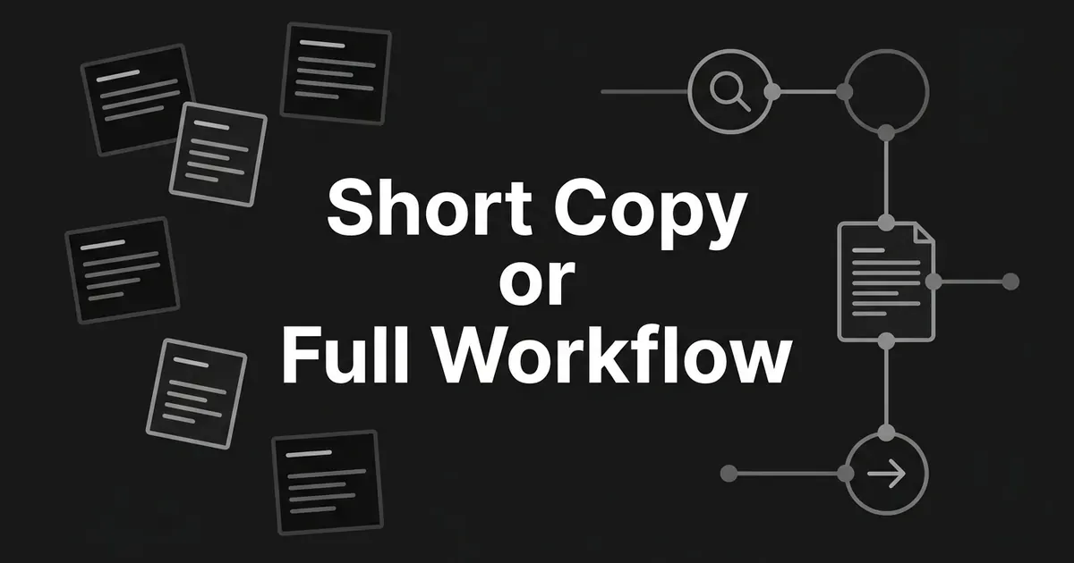 Monochrome cover with the line Short Copy or Full Workflow, loose text snippet cards on the left and a connected chain from search to document to publish on the right.