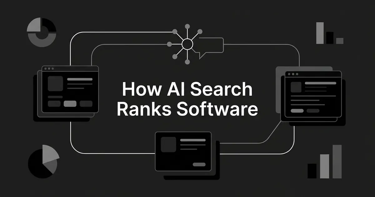 Monochrome illustration of a central AI search node connected to several layered software product cards, with chart fragments in the corners, above the text How AI Search Ranks Software.
