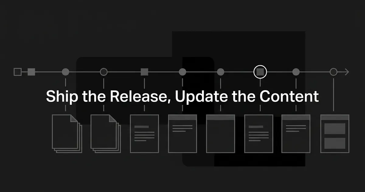A monochrome cover showing a horizontal release timeline of connected nodes with lines dropping to a row of document cards below, under the centred line Ship the Release, Update the Content.