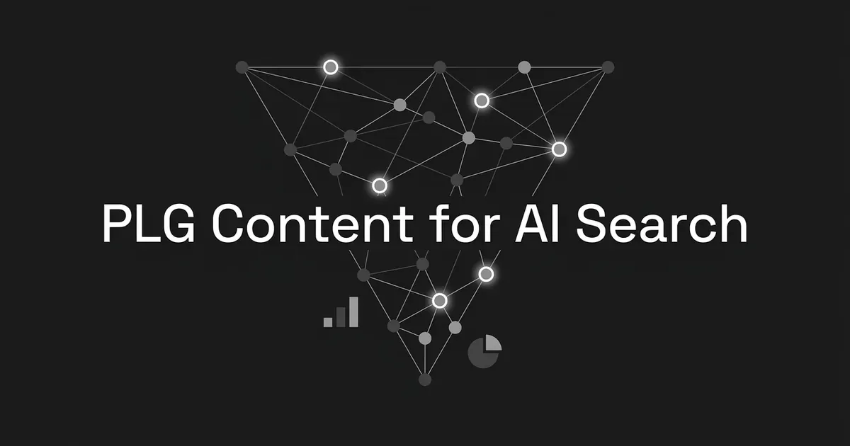 An abstract network of connected nodes narrowing into a funnel shape, with a few nodes glowing brighter than the rest and small chart fragments below, over the white cover line PLG Content for AI Search on a charcoal background.