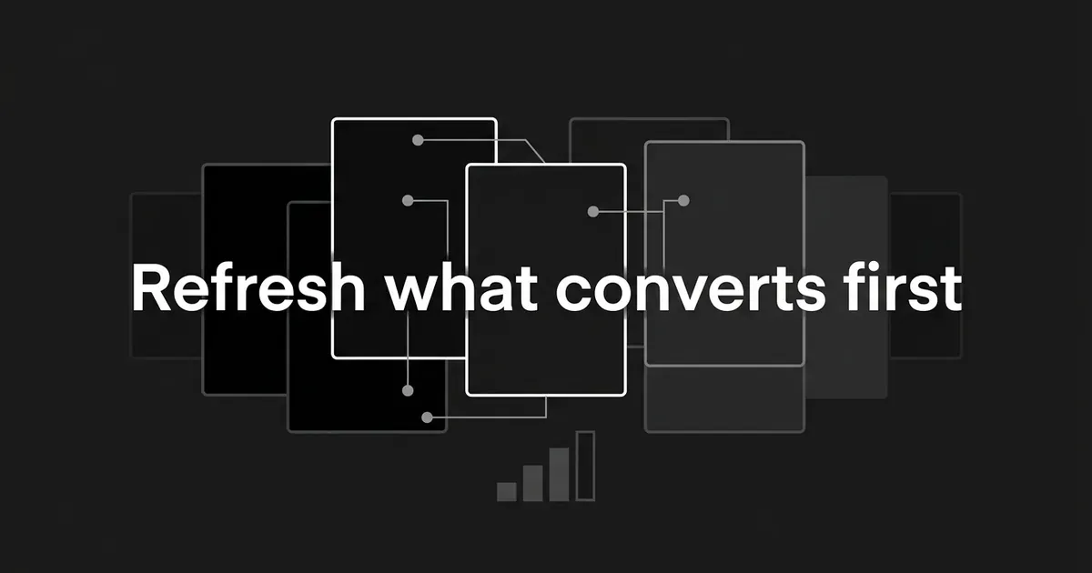 A monochrome cover showing a loose queue of layered page cards, three of them outlined in white and linked by thin connector lines, behind the centred line "Refresh what converts first".