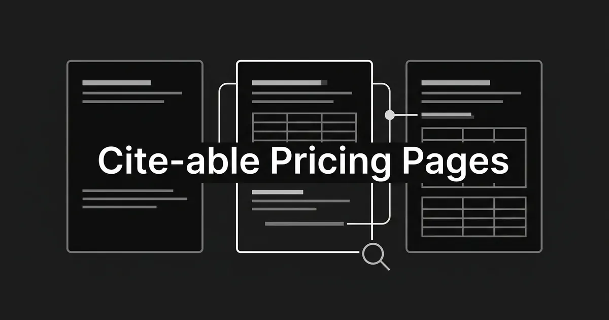 Three connected monochrome page-card outlines representing product, pricing, and integration pages linked to one shared source of truth, with a magnifying glass reading one of the pages, and the text Cite-able Pricing Pages.
