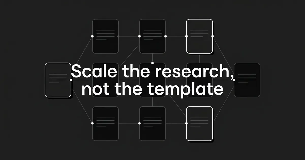 A monochrome lattice of nine linked page cards on a charcoal background, three of them outlined in white, behind the cover line Scale the research, not the template.