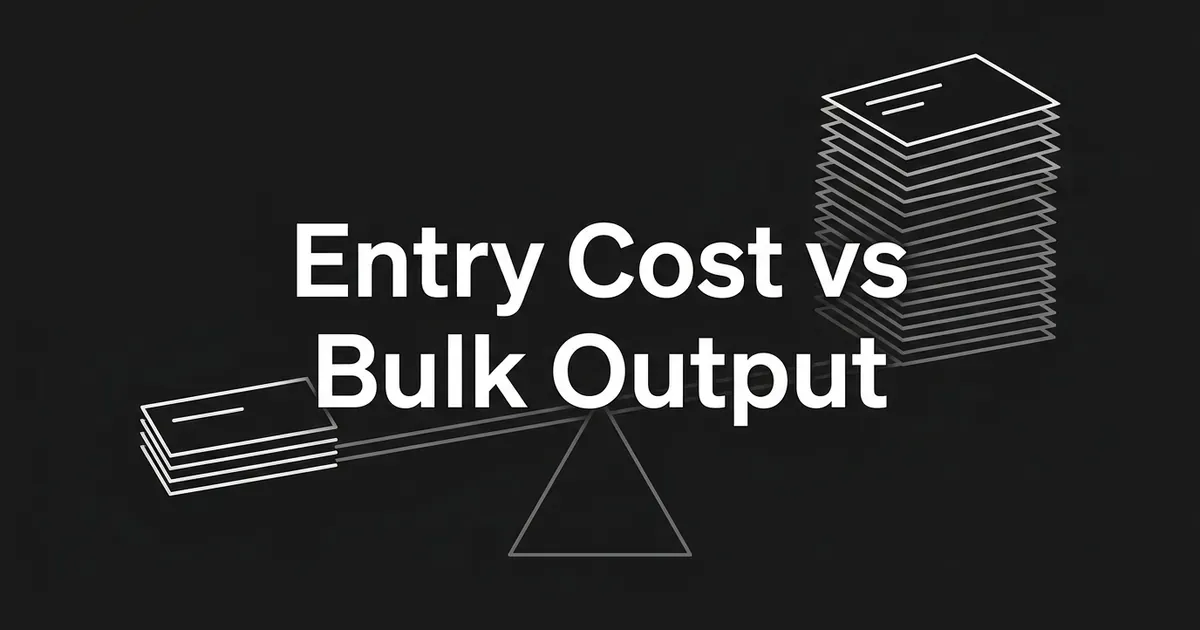 Abstract line drawing of a balance with one small stack of cards on the left and a tall stack on the right, under the words Entry Cost vs Bulk Output.