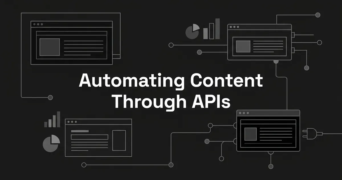 Monochrome diagram of three content-tool windows, two linked by connector lines to nodes and a plug, under the text Automating Content Through APIs.