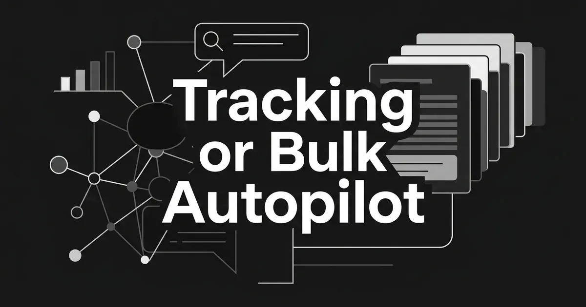 Monochrome cover with the words Tracking or Bulk Autopilot over a network of nodes and a chart on one side and a stack of document cards on the other.