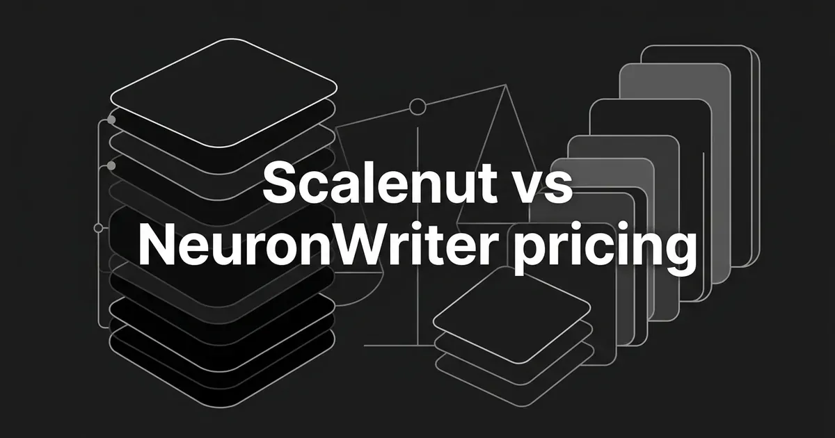 Dark monochrome cover with a stack of layered cards on the left and a rising stair of cards on the right around a balance-scale outline, under the line Scalenut vs NeuronWriter pricing.