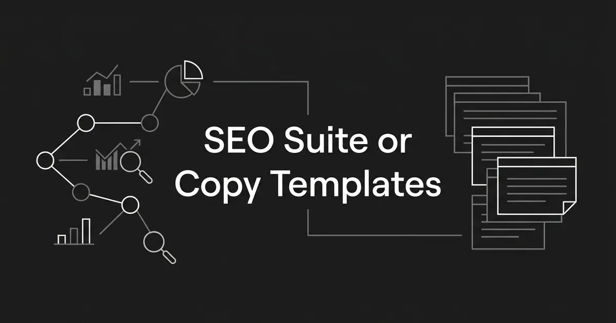 Abstract monochrome diagram with a chain of connected nodes, charts and magnifying glasses on the left, a stack of layered copy cards on the right, and the text SEO Suite or Copy Templates in the center.