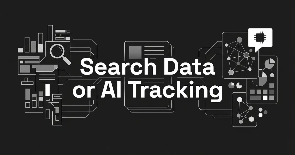 Abstract monochrome illustration with search chart and magnifying-glass motifs on the left and connected answer nodes on the right, around the cover line Search Data or AI Tracking.
