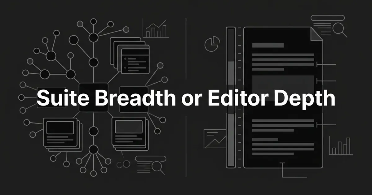 A monochrome illustration contrasting a wide spreading network of nodes and stacked cards on the left with a single tall document panel and scoring gauge on the right, beneath the line Suite Breadth or Editor Depth.