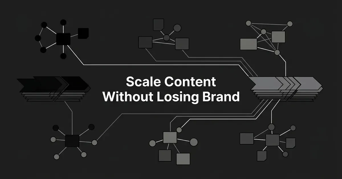 Monochrome illustration of several distinct node clusters, each representing a separate client brand, connected by thin lines into one shared layered production pipeline, with the text Scale Content Without Losing Brand centered on a charcoal background.