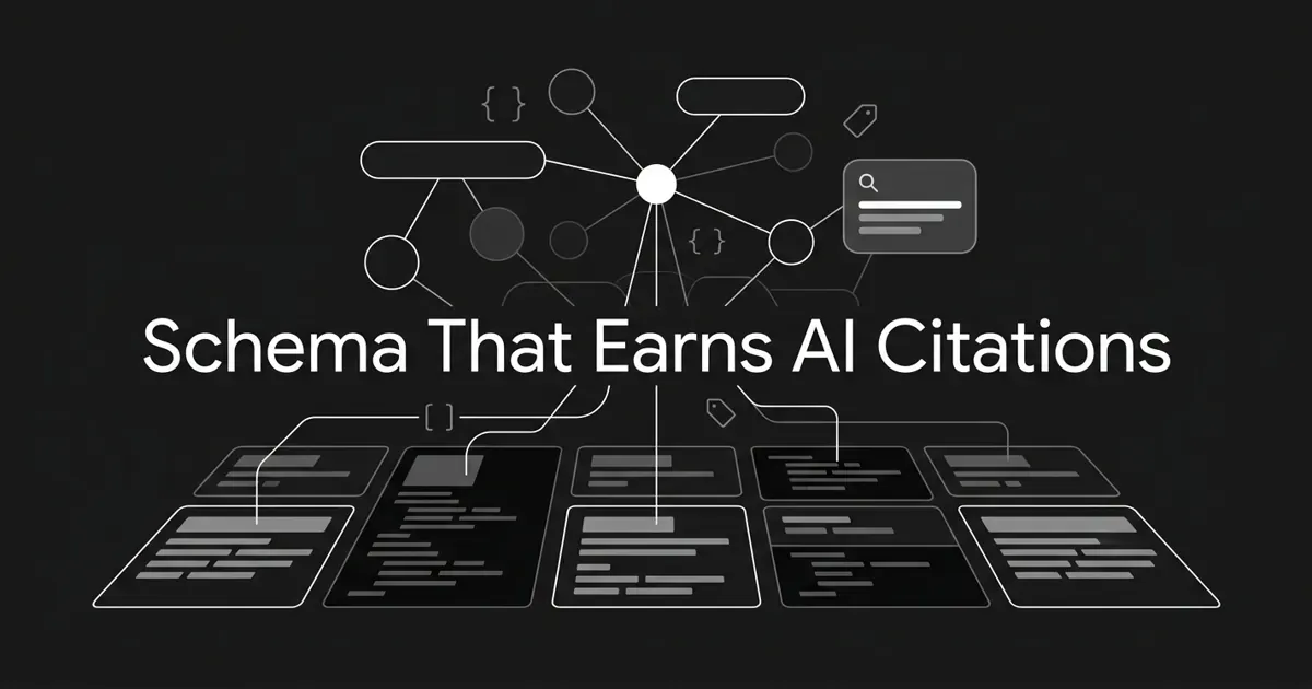Monochrome flat-vector illustration of a knowledge graph of connected nodes rising from a row of structured content cards, with the cover line "Schema That Earns AI Citations" centered on a charcoal background.