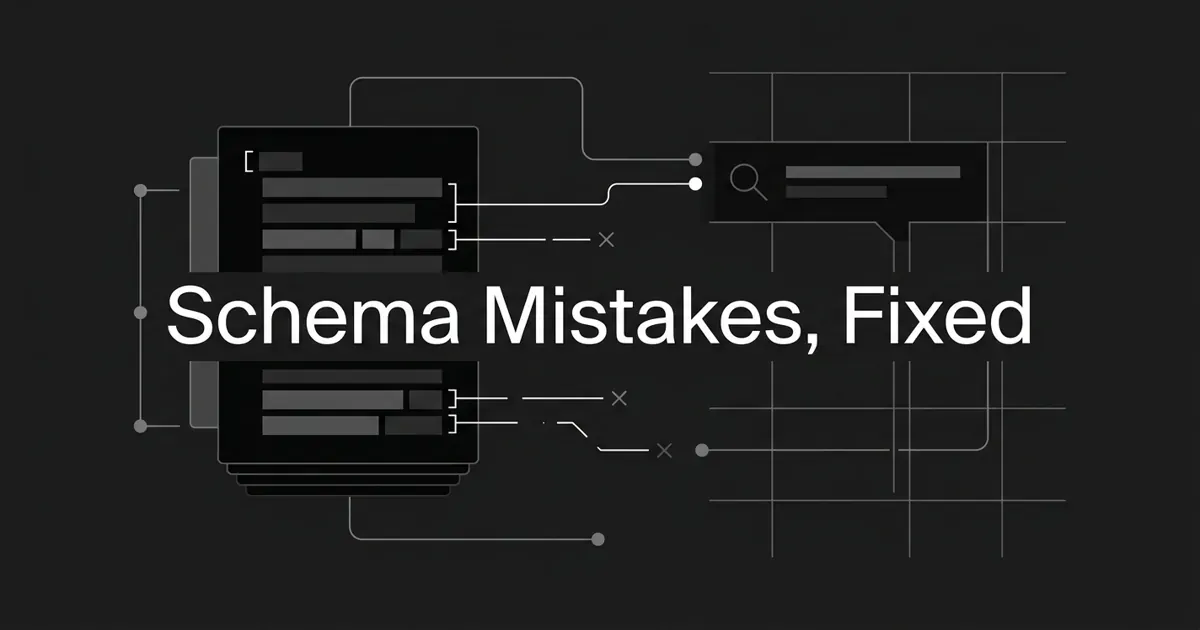 Monochrome illustration of a structured-data markup card linked to a search answer box, with several connection lines broken and marked with X symbols, under the cover line "Schema Mistakes, Fixed".