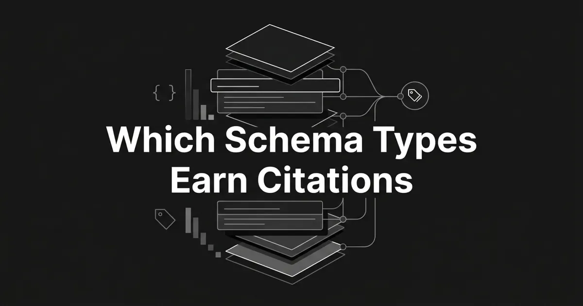 Monochrome geometric illustration of stacked ranked cards and structured-data tag glyphs linked by thin nodes to a single citation marker, behind the centered white cover line "Which Schema Types Earn Citations".