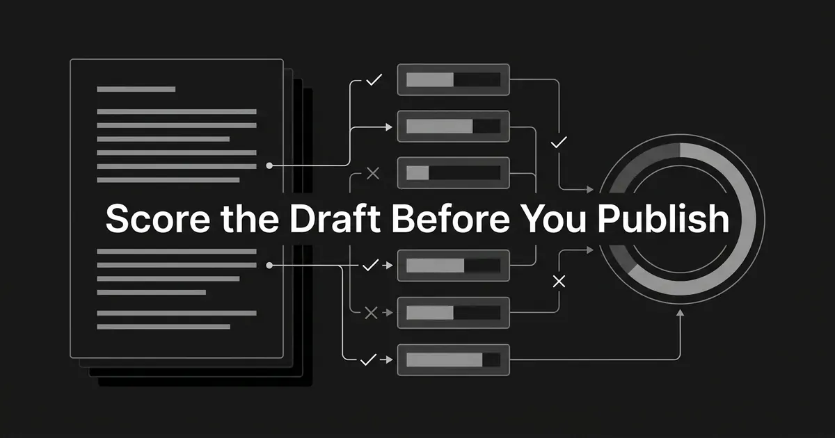 A monochrome cover showing a stack of draft pages linked to a column of rating bars marked with checks and crosses, feeding a circular score gauge, under the line Score the Draft Before You Publish.