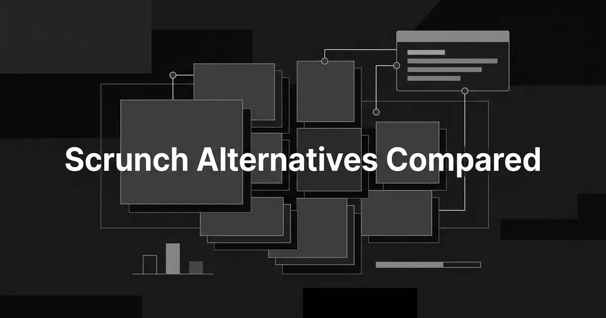 A monochrome charcoal cover showing eight layered cards fanned into a grid with one brought forward, linked by thin white lines to an abstract AI answer panel, under the centered white cover line Scrunch Alternatives Compared.