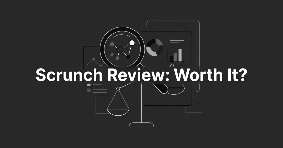 Monochrome illustration with the text 'Scrunch Review: Worth It?' over a magnifying glass on a data-node cluster, chart fragments, and a balance scale, symbolizing evaluating an AI visibility platform.