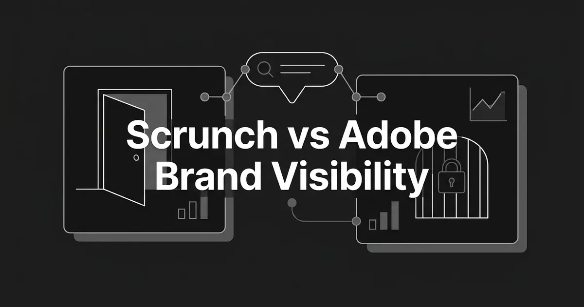 Monochrome cover with the text Scrunch vs Adobe Brand Visibility over two panels, one with an open door and one with a locked gate, linked to a central search bubble.