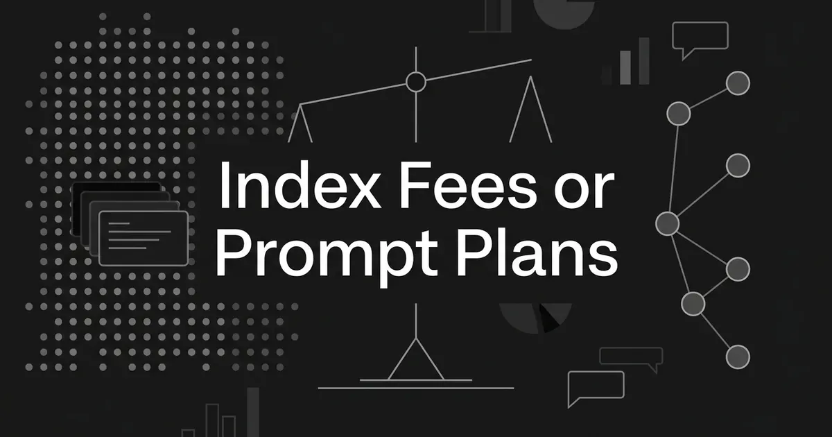 Monochrome cover reading Index Fees or Prompt Plans, with a field of gray dots on the left, a connected node chain on the right and a balance scale behind the text.