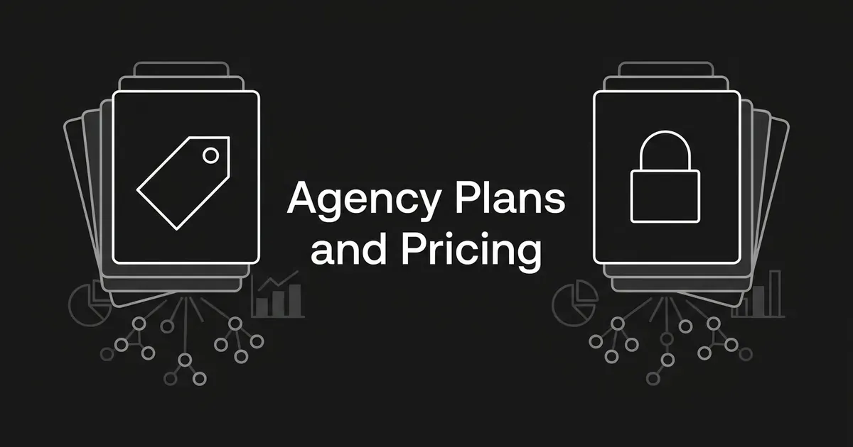 Two stacks of layered cards on a charcoal background, one marked with a price tag and one with a padlock, either side of the line Agency Plans and Pricing.