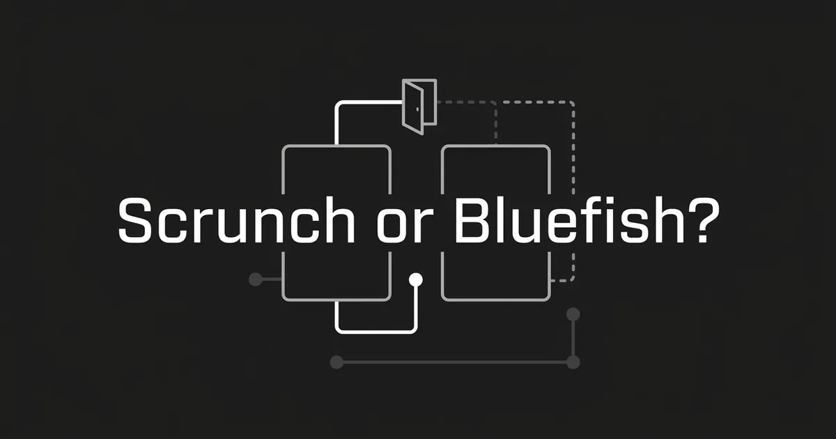 Abstract monochrome diagram on a charcoal background with the text Scrunch or Bluefish?, showing one card connected to an open door and a second card behind a dashed line that stops short.