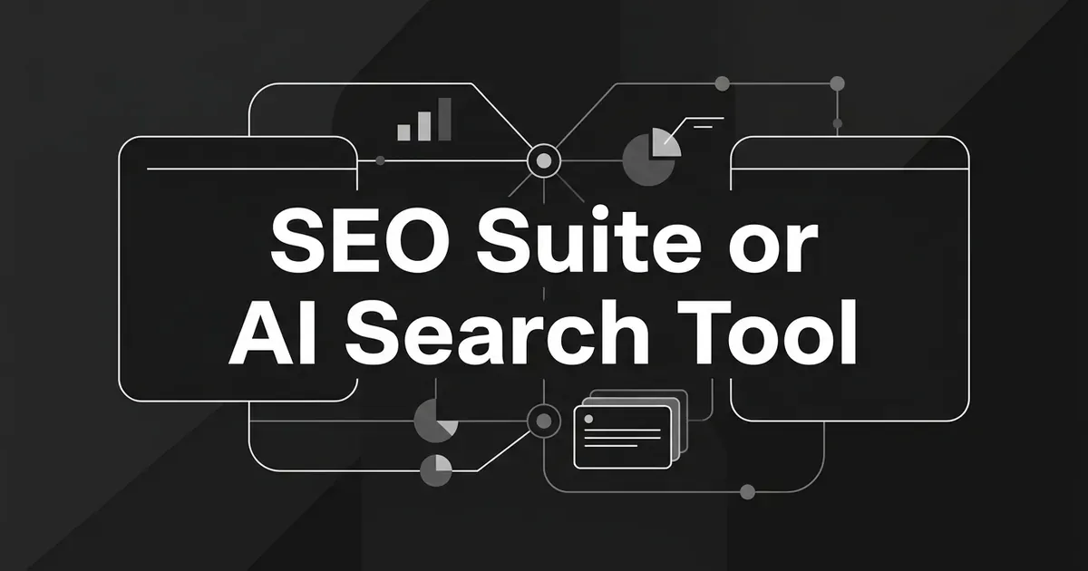 A charcoal cover with white linework of two browser-style panels joined by connection lines and small chart fragments, behind the line SEO Suite or AI Search Tool.