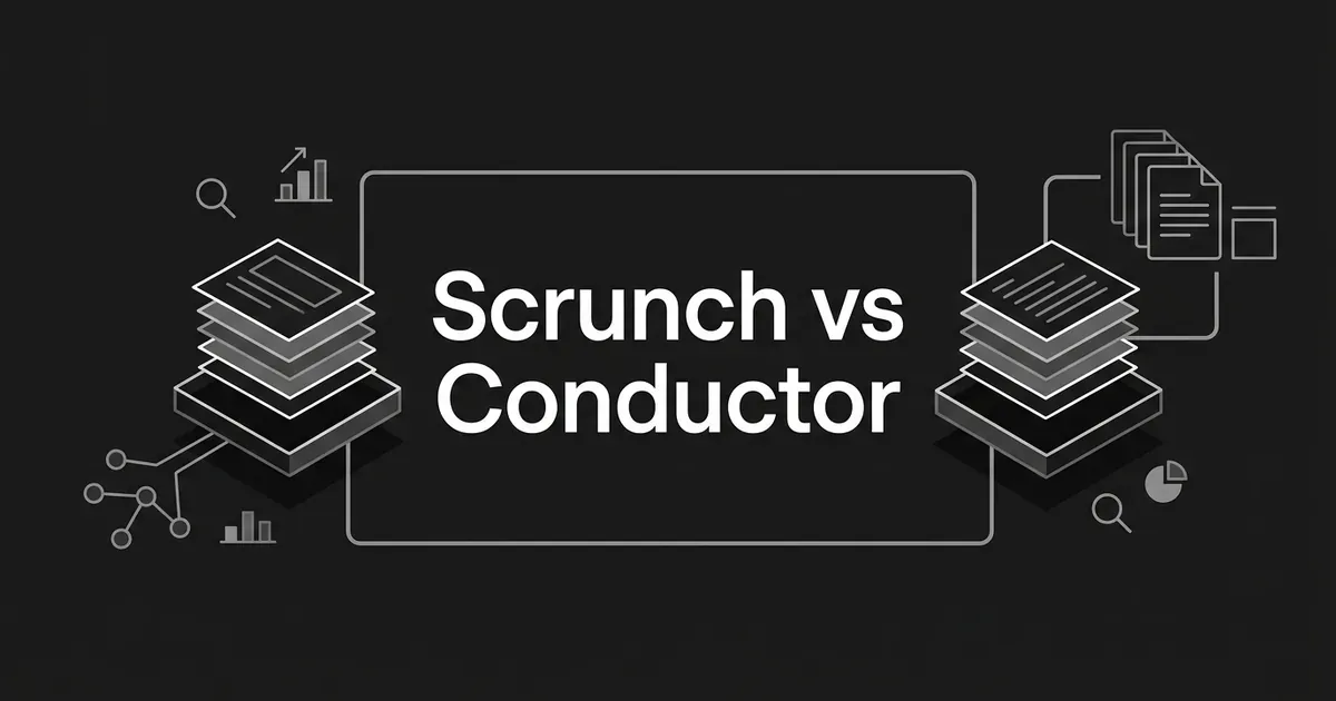 Two stacked layered platforms face each other around the title Scrunch vs Conductor on a charcoal background, drawn in white and gray linework with small search and chart icons.