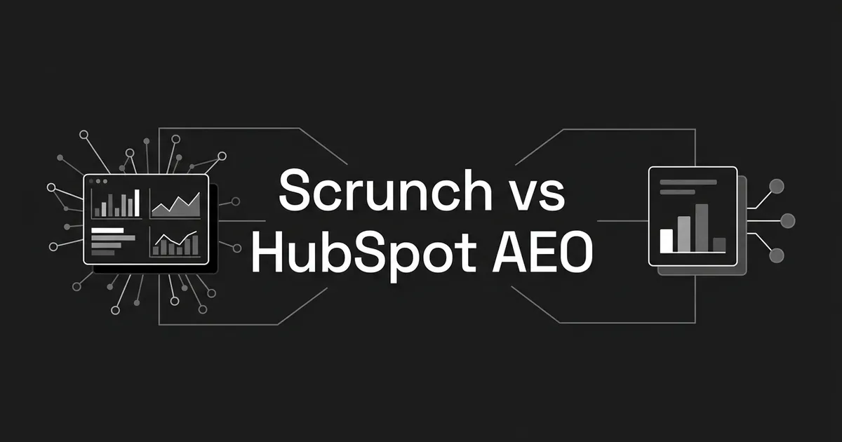 Monochrome cover reading Scrunch vs HubSpot AEO, with a dense multi-chart dashboard card on the left and a simpler single-chart card on the right joined by thin connection lines.