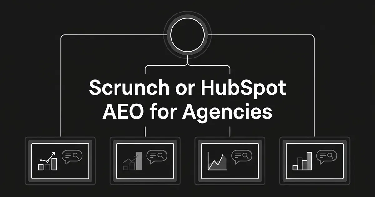 Abstract monochrome diagram of one account node branching into four separate client workspace boxes, each holding a small chart, with the cover line Scrunch or HubSpot AEO for Agencies.