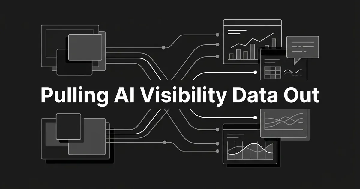 Abstract monochrome diagram of connection lines carrying data from two stacked source cards to a chart panel and a speech bubble, with the cover line Pulling AI Visibility Data Out.