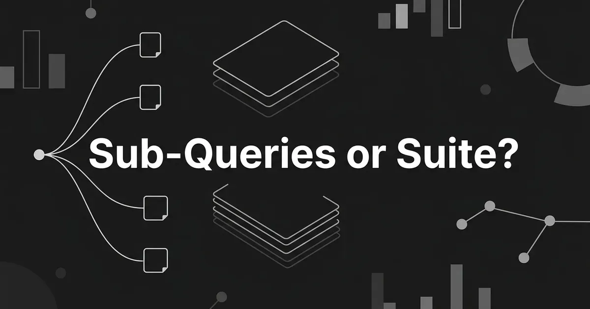 Dark charcoal cover reading Sub-Queries or Suite? with a node fanning out into small answer cards on one side and a stack of layered flat cards on the other.