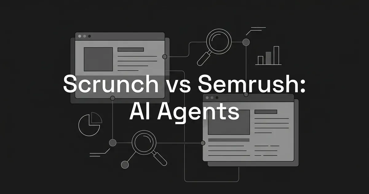 Two layered gray web page panels linked by fine lines to magnifier and node icons on a charcoal background, with the cover line Scrunch vs Semrush: AI Agents.